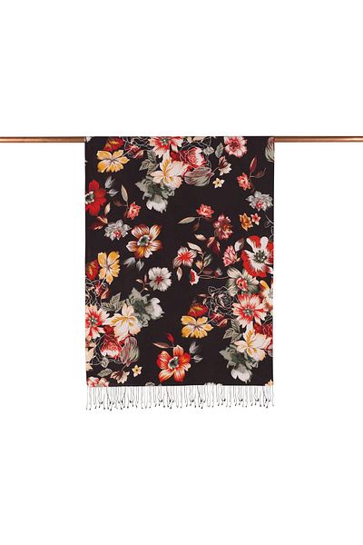 ipekevi Desert Rose Patterned Silk Shawl 06436-Black-Red-Green