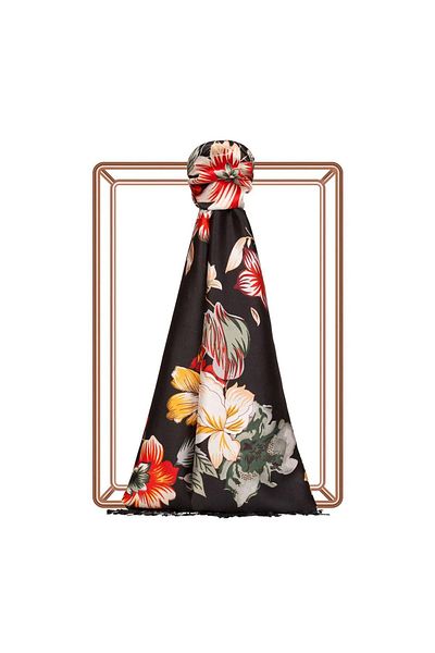 ipekevi Desert Rose Patterned Silk Shawl 06436-Black-Red-Green