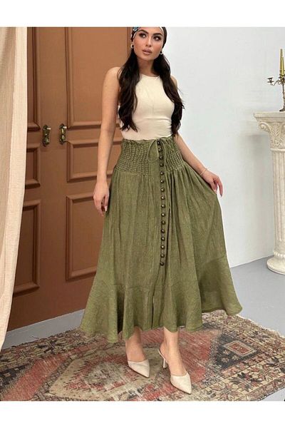 MODAGK Cotton Fabric Elastic Waist Bohemian Skirt – Khaki- Product Length 84 cm