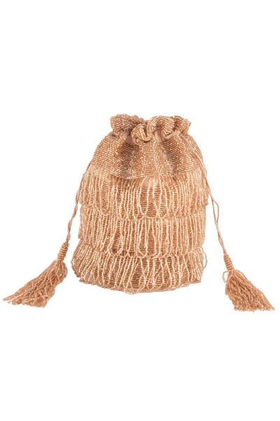 GATSBYLADY LONDON Tassel Hand Embellished Fringe Bucket Bag in Blush