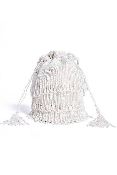 GATSBYLADY LONDON Channel Hand Embellished Fringe Bucket Bag in White
