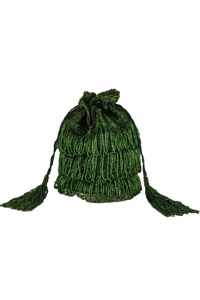 GATSBYLADY LONDON Tassel Hand Embellished Fringe Bucket Bag in Green