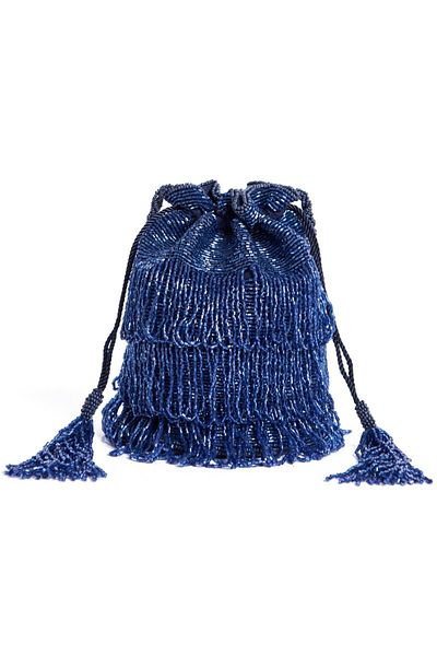 GATSBYLADY LONDON Channel Hand Embellished Fringe Bucket Bag in Navy Blue