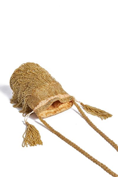 GATSBYLADY LONDON Channel Hand Embellished Fringe Bucket Bag in Gold