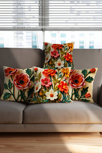 Ahsen Dekoratif Knitted Patterned 3D Look Digital Printing Velvet 4-Piece Throw Pillow Cover Set That Will Bring Different Air to Your Home