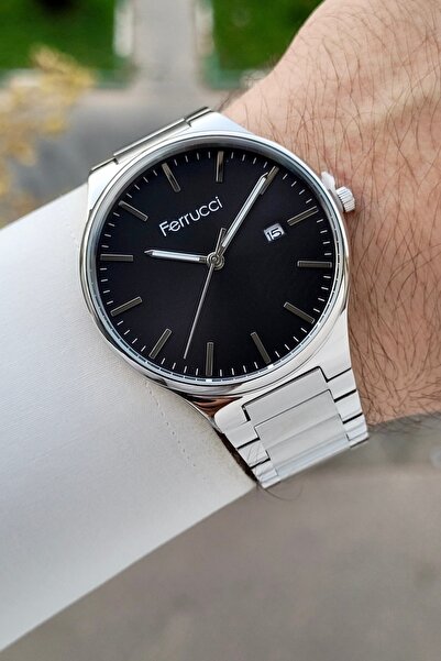 Ferrucci Kadranı Siyah Kordonu Gümüş Renk Takvimli 43 Mm Erkek Kol Saati