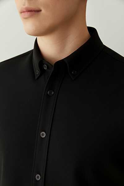 WAMOSSALAPLI Ανδρικό μαύρο πουκάμισο με κοντό μανίκι με κουμπιά με λεπτή εφαρμογή