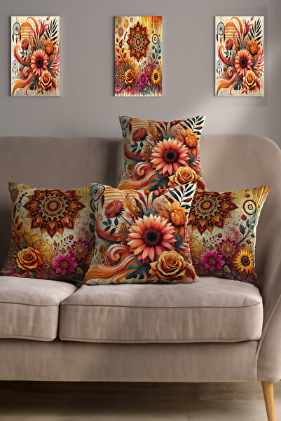 Ahsen Dekoratif Modern Patterned Flower Themed Digital Printed Luxury Velvet 4-Piece Throw Pillow Cover Set