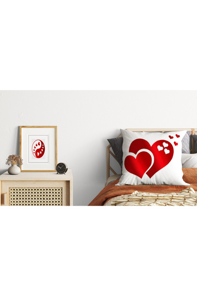 Ahsen Dekoratif Heart Striped Patterned Themed Digital Printed Luxury Velvet 4-Piece Throw Pillow Cover Set