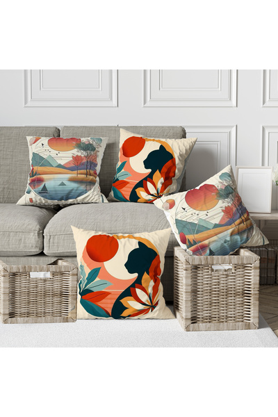 Ahsen Dekoratif Bohemian Patterned Line Themed Digital Printed Luxury Velvet 4-Piece Throw Pillow Cover Set