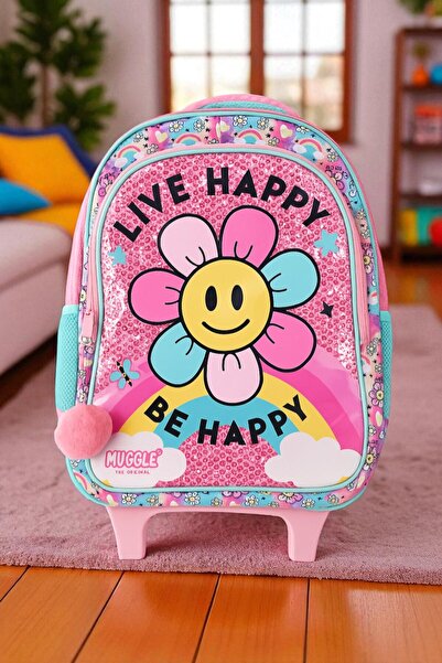 MUGGLE 2 Bölmeli Live Happy Çekçekli Okul Sırt Çantası Pembe (MU-9172)
