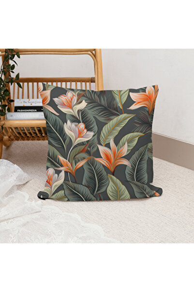 Ahsen Dekoratif Hibiscus Themed Leaf Pattern Gray Color Digital Printed Luxury Velvet 4-Piece Throw Pillow Cover Set