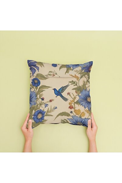 Ahsen Dekoratif Bird Themed Flower Pattern Gray Color Digital Printed Luxury Velvet 4-Piece Throw Pillow Cover Set