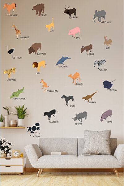 KT Decor Engleski imena životinja i figure, set edukativnih zidnih naljepnica