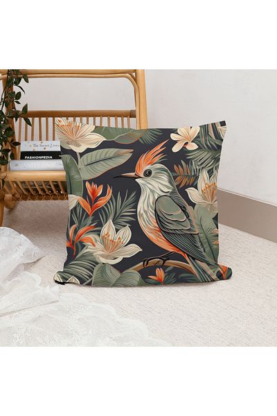 Ahsen Dekoratif Hibiscus Themed Leaf Pattern Gray Color Digital Printed Luxury Velvet 4-Piece Throw Pillow Cover Set