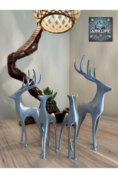 ARKlife 3D Electronic Dekoratif Geyik Biblo Figürü Gümüş 4lü Aile Seti Ev Ofi...