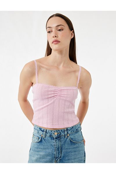 Koton Tricou crop slim fit texturat cu șnur din bumbac