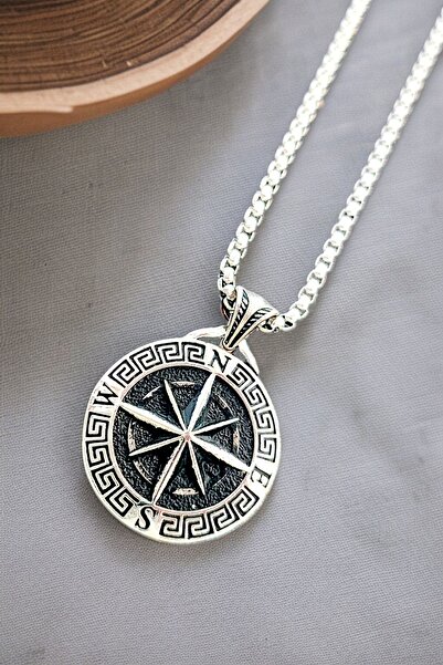 AK STORE SİLVER Gümüş Kaplama K-142 Krom-Çelik Erkek Kolye Madalyon Pusula