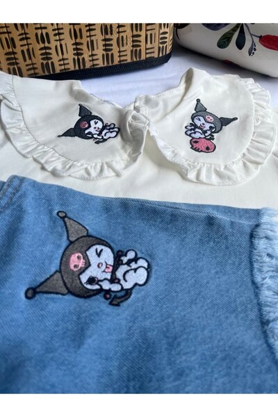 Canlook Baby Collar Embroidered Embroidery Detailed Denim Skirt Girl's Bottom Top Set