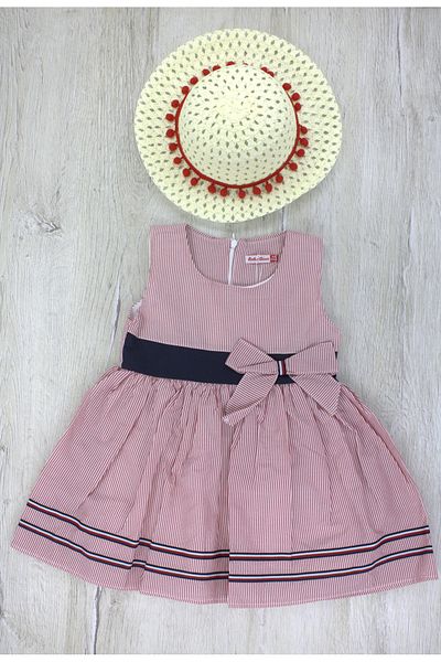 EYMİRGİYİM Summer Bow Girl's Baby Dress with Straw Hat 2 Years, 3 Years, 4 Years, 5 Years