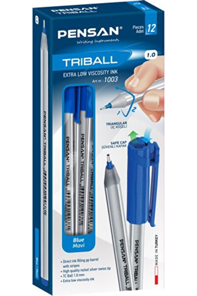 Pensan Triball 1mm Üçgen Gövdeli Tükenmez Kalem 12'li Kutu Mavi
