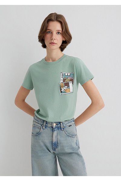 Mavi Tricou verde cu imprimeu pisici Semi Slim Fit 1613200 -71787