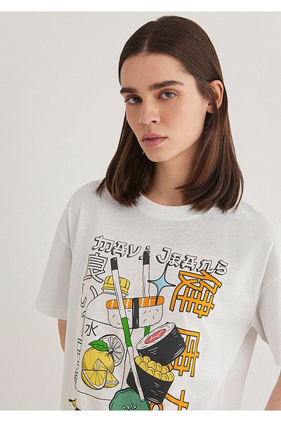 Mavi Sushi Printed White T-Shirt Loose Fit / Loose Relaxed Cut 1613052 -70057