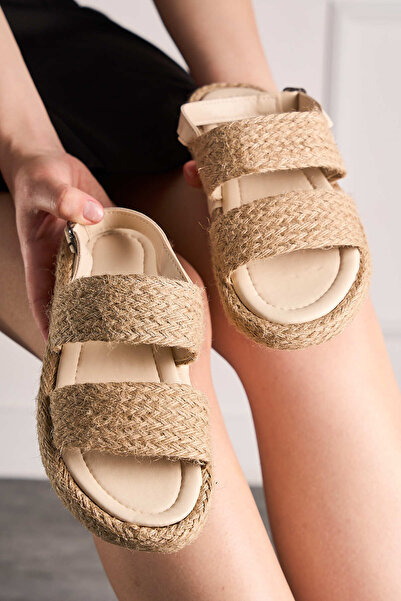 Nstil Daily Women's Beige Sandals Straw Detailed Strappy Comfortable Stitched Sole Buckle Lightweight Shoes 058