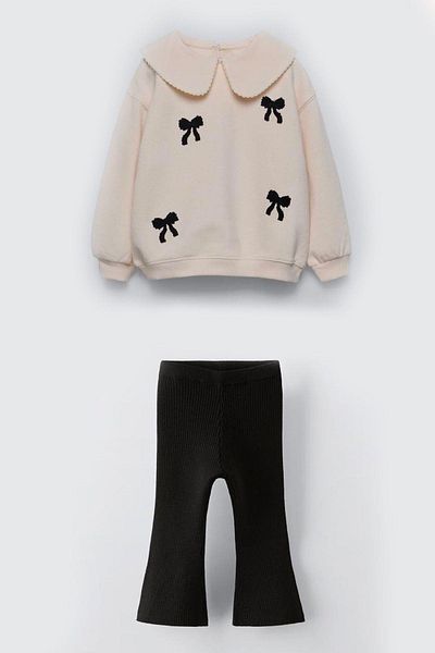 Monila Girl's 3 Yarn Cotton Fabric Bebe Collar Bow Printed Spanish Leg Leggings Bottom Top Set