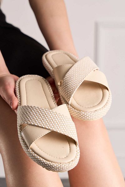Nstil Daily Women's Cream Straw Cross Tape Soft Stitched Sole Lightweight Summer Comfortable Slippers 065