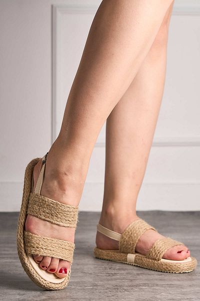İmerShoes Daily Women's Beige Sandals Straw Detailed Strappy Comfortable Stitched Sole Buckle Lightweight Shoes 058