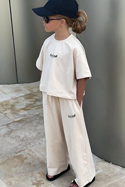 Monila Girl's Text Printed Cotton Tshirt and Sweatpants Set