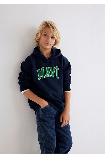 Mavi Logo Printed Navy Blue Hooded Sweatshirt 6610110-70490