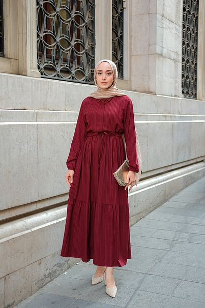 LOCCO Women's Waist Drawstring Dress Burgundy