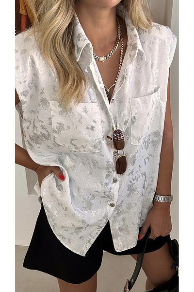 MADAMMERY Silver Gilding Patterned Padded Zero Sleeve Oversize Women's Shirt