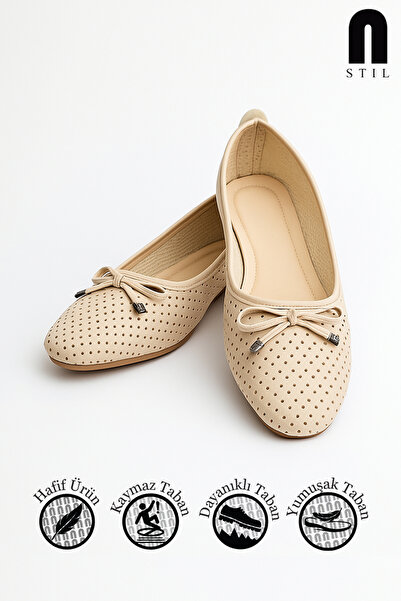 Nstil Daily Women's Perforated Beige Ballerina Bow Metal Detailed Soft Stitching Sole Lightweight Comfortable Shoes 114