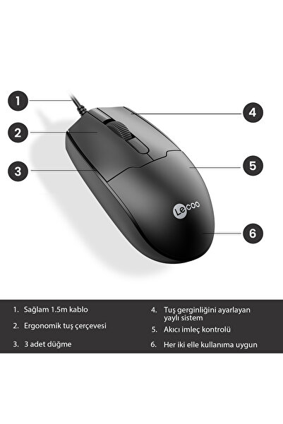 Lecoo Ms101 Usb Kablolu 1200dpı 3 Tuşlu Pc, Mac, Dizüstü Bilgisayar Ile Uyumlu Optik Mouse Siyah