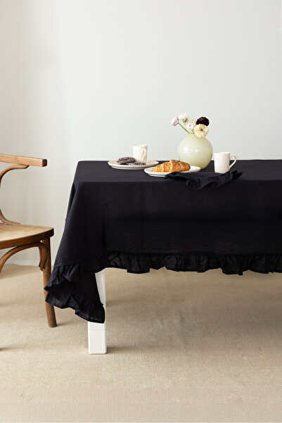Wellstil Premium |   Ruffled Linen Black Ruffled Tablecloth
