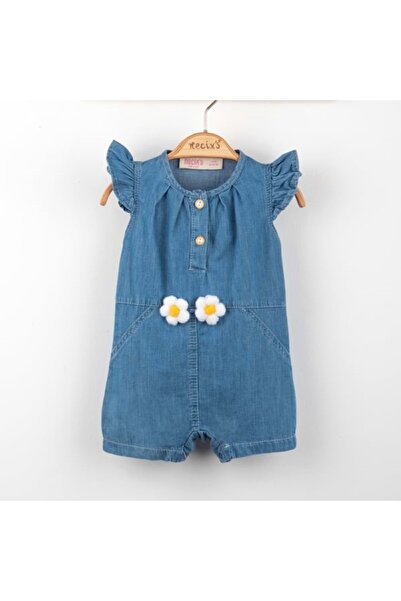 NECİXS BEBEE Flower Embroidered Girl's Short Jeans Jumpsuit Dark Blue