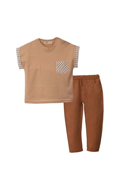 NECİXS BEBEE Plaid Detail Tshirt Pants Set Brown