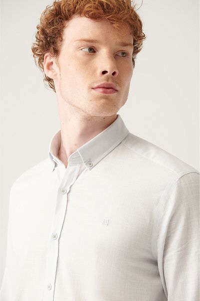 Avva Men's Gray Buttoned Collar 100% Cotton Linen Textured Shirt E 002141