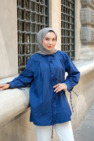 LOCCO Women's Front Ribbon Detail Oval Cut Shirt Navy Blue