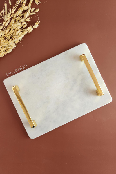 ioadesign Daffodil Real Thin Marble Groom Coffee Tray 28x20 Cm - Gold Handle