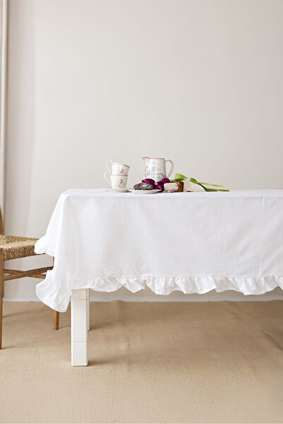 Wellstil Premium |   Ruffled Linen White Tablecloth