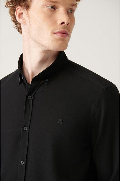 Avva Men's Black Buttoned Collar 100% Cotton Linen Textured Shirt E 002141