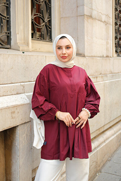 LOCCO Burgundy Women's Tunic - Balloon Sleeve and Pleat Detail