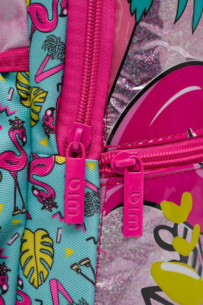 Wia 3 Compartment Palm Flamingo Bag Set - School Bag, Lunchbox with Thermos, Pen Holder