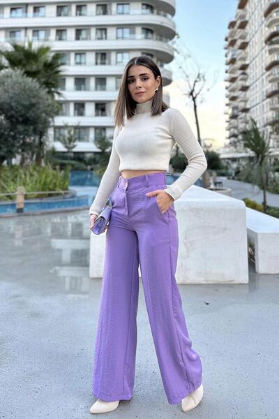 NEW LAVİVA Kadın Lila Yüksek Bel, Cepli, Bol Paça Pantolon