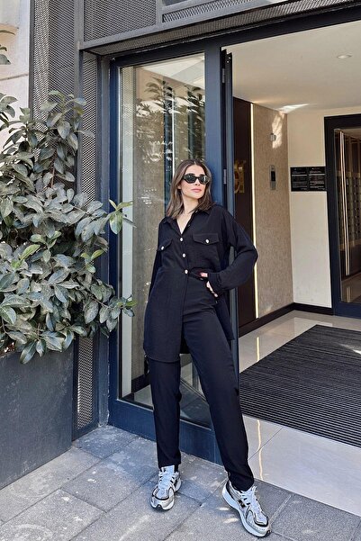 NEW LAVİVA Women's Black Double Pocket Long Shirt & Elastic Waist Pants - Comfortable Bottom & Top Set