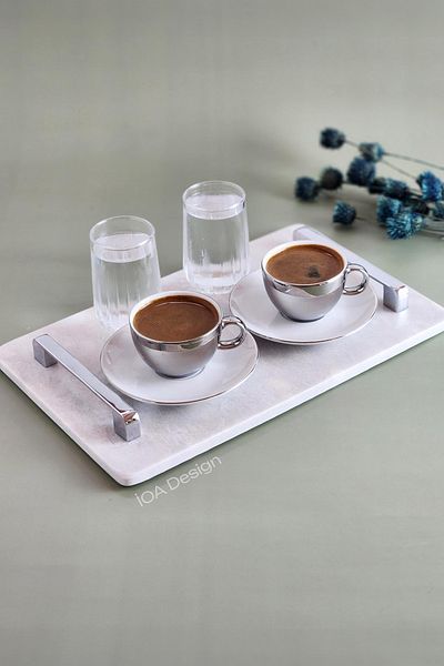 ioadesign Narcissus Model Real Thin Marble Presentation Tray (32X20 CM) - Silver Handle